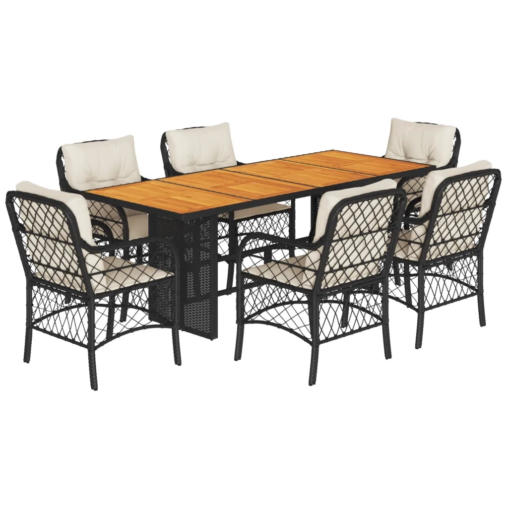 Set da Pranzo da Giardino 7 pz Nero con Cuscini in Polyrattan