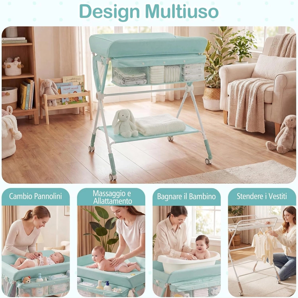 Fasciatoio Pieghevole per Bambini, Fasciatoio Portatile con Altezza Regolabile a 3 Livelli, Fasciatoio Neonato con Ruote di Bloccabili, Ripiano, Porta Asciugamani, per 0-12 Mesi (Verde)