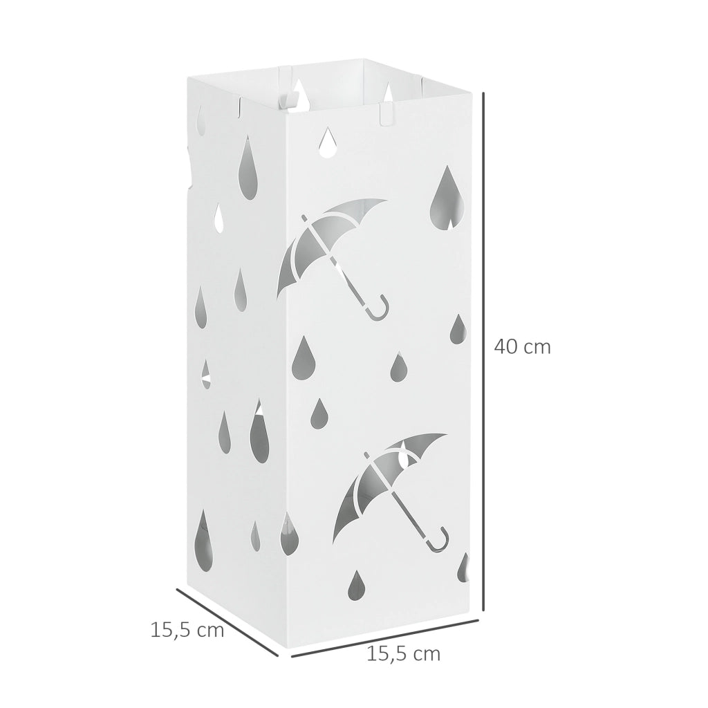 Portaombrelli in Acciaio con 4 Ganci e Bandeja di Gocciolamento ¨C zephmum ¨C Bianco 15.5x15.5x41 cm