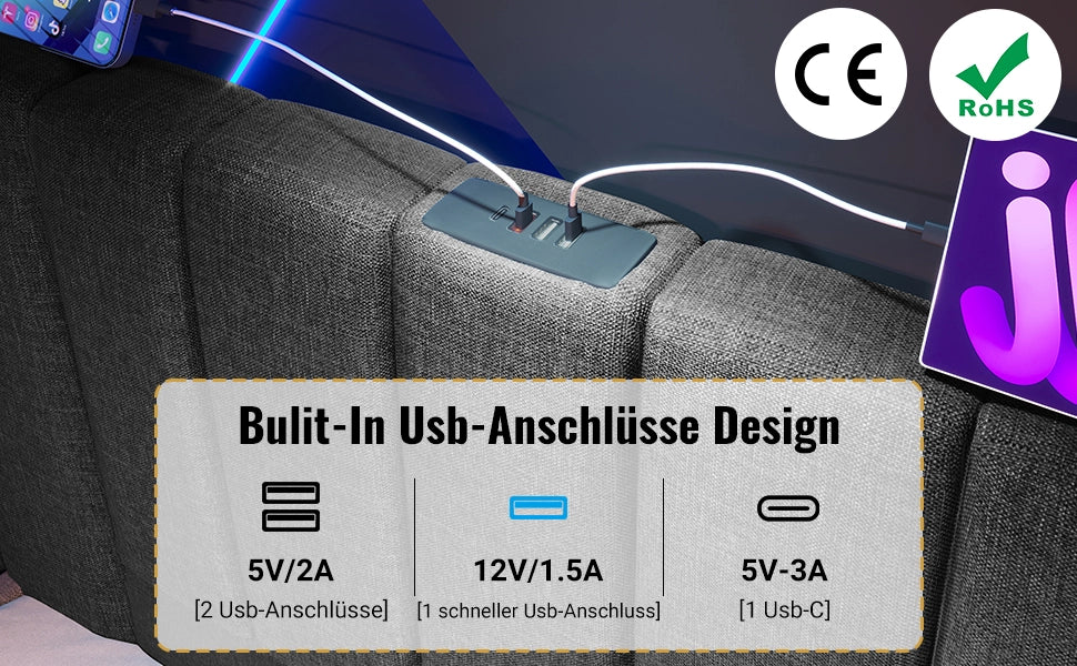 Letto Imbottito Contenitore Matrimoniale con LED e USB ¨C MINIMAL ¨C Tessuto Grigio 180x200