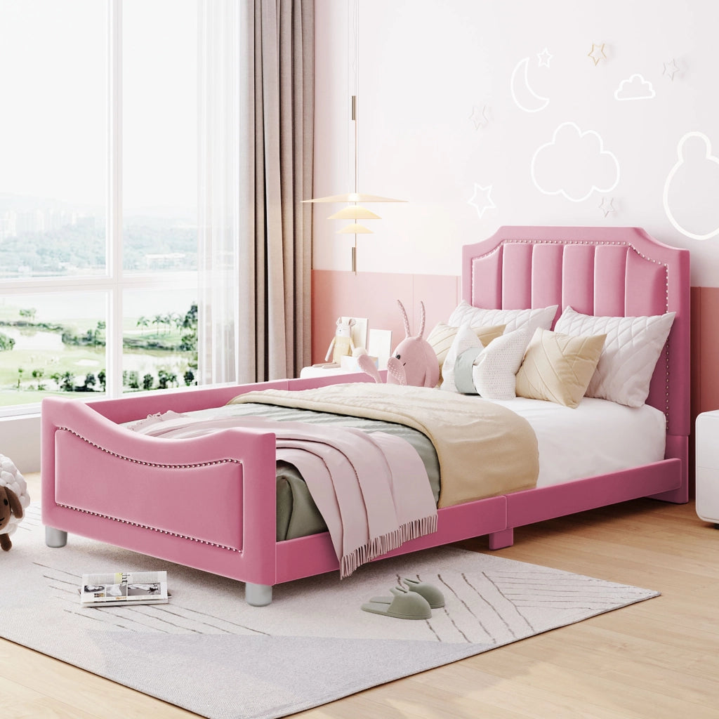 LETTO imbottito 90x200 cm in flanella rosa con testiera e pediera