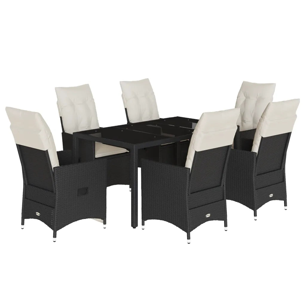 Set da Pranzo da Giardino 7 pz Nero con Cuscini in Polyrattan