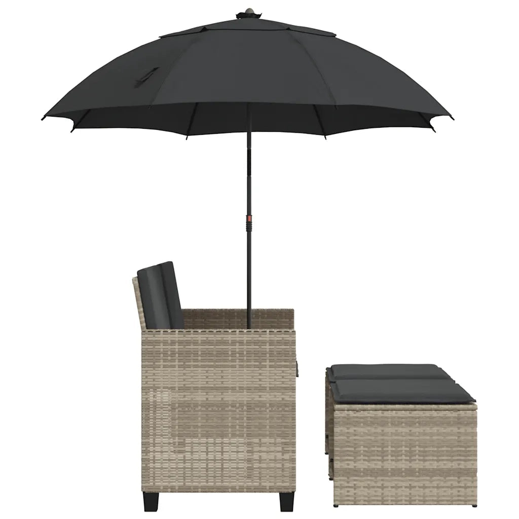 Divano 2Posti Ombrellone e Sgabelli Grigio Chiaro Polyrattan 365888