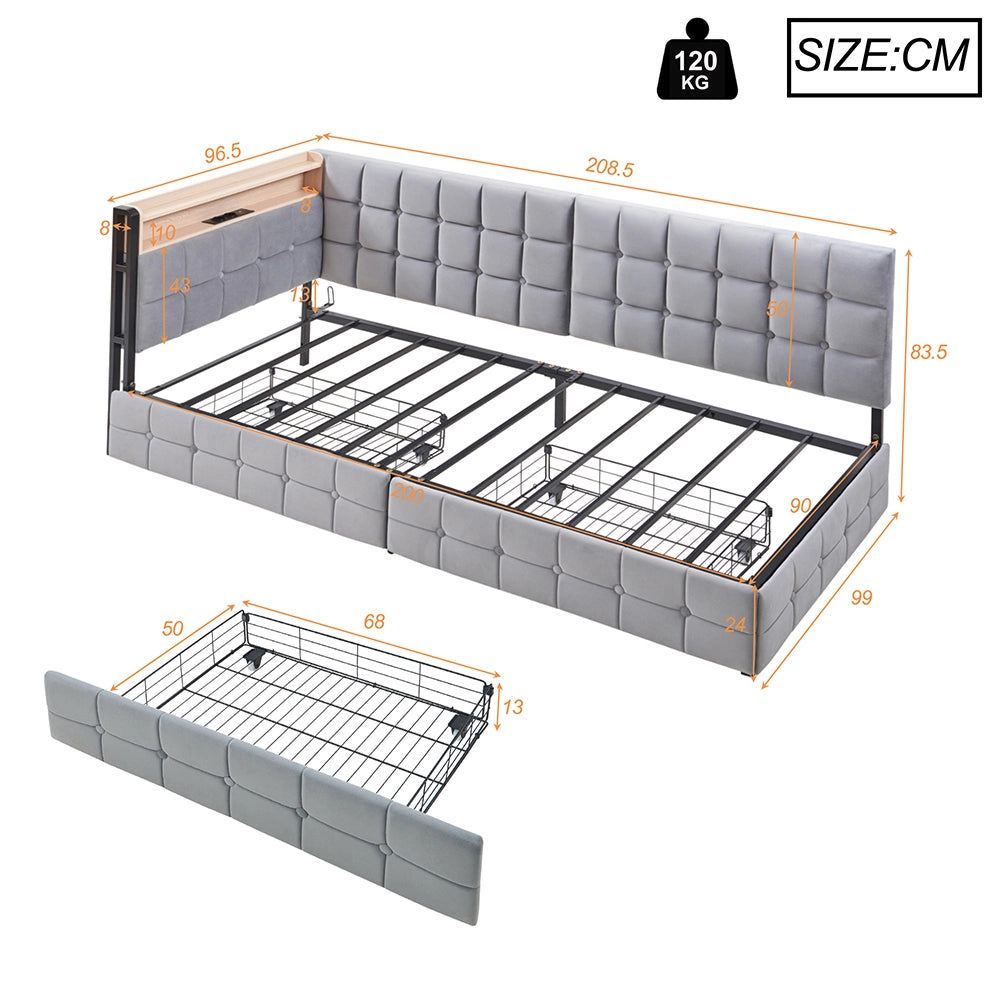 Divano letto - Xylo - 90x200 cm 2 cassetti LED USB grigio
