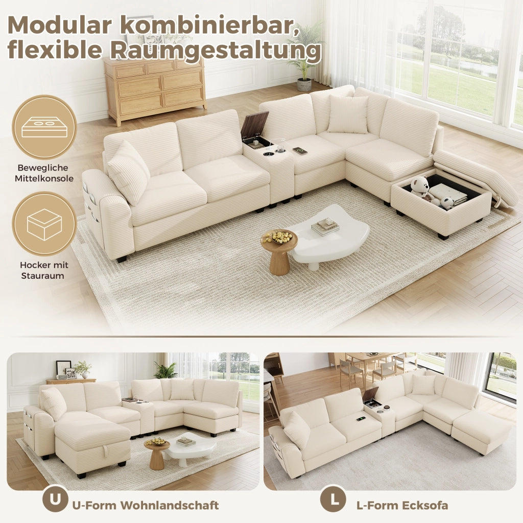 Divano angolare modulare 6 posti con pouf contenitore console mobile e porte usb type c in tessuto beige