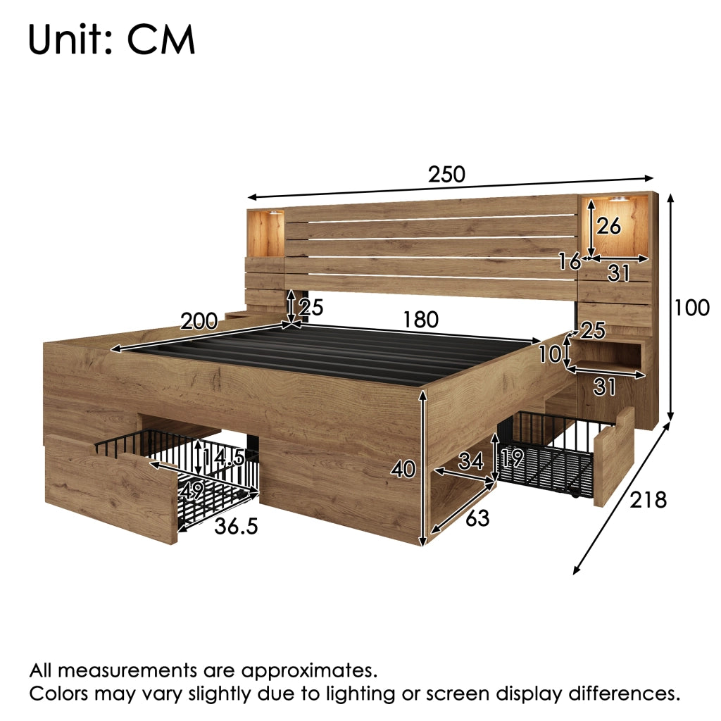 Letto legno 180x200 LED USB Type-C vano cassetti rovere