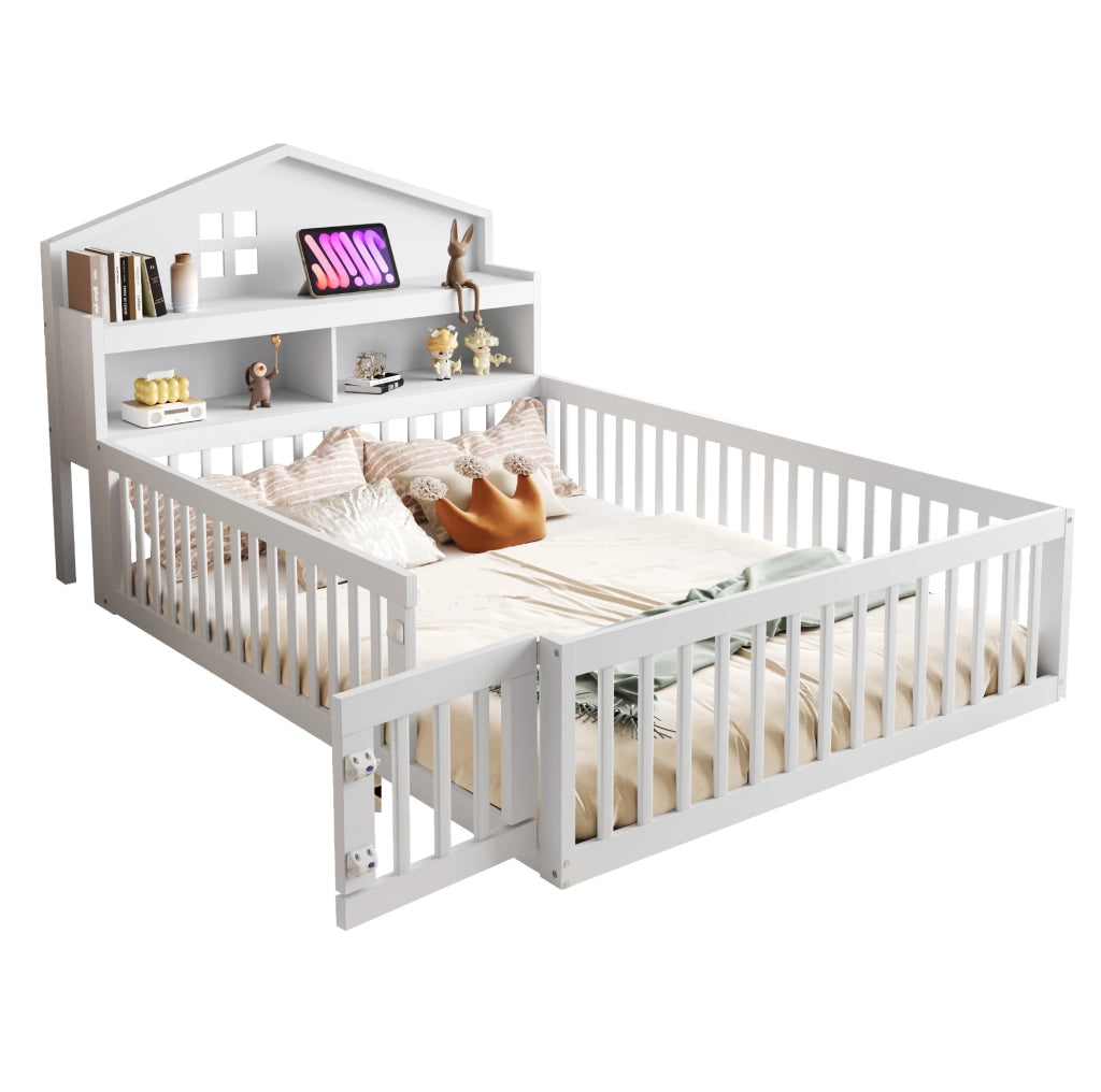 Letto per bambini 140x200 cm con sponde; porta e lavagna; bianco