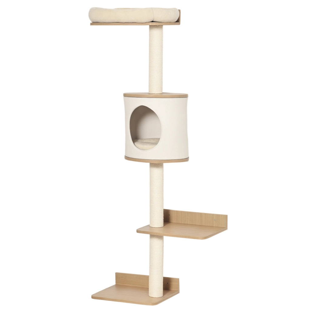 Albero per gatti da parete con piattaforme in legno, cuscino e pali in sisal ¨C Minimal ¨C 38x30x149 cm