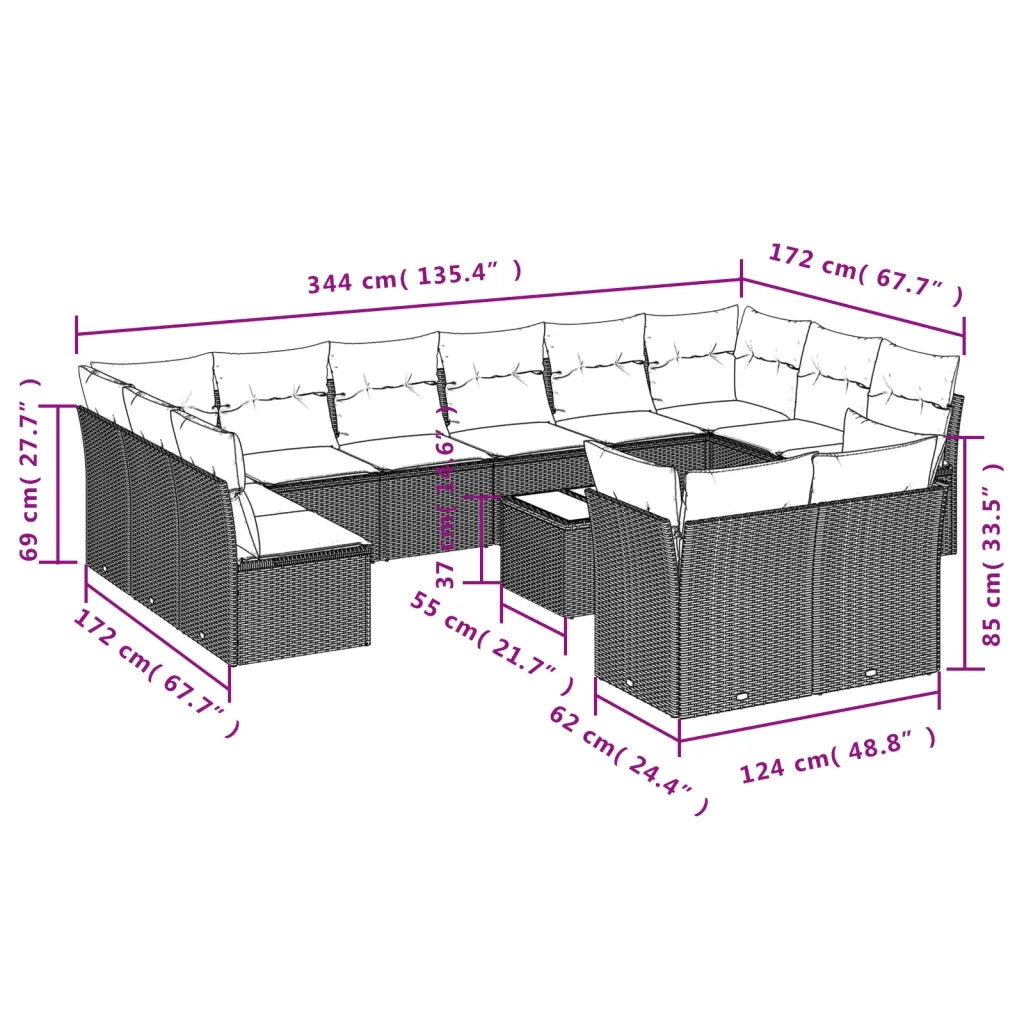 Set Divani da Giardino 13pz con Cuscini Nero in Polyrattan