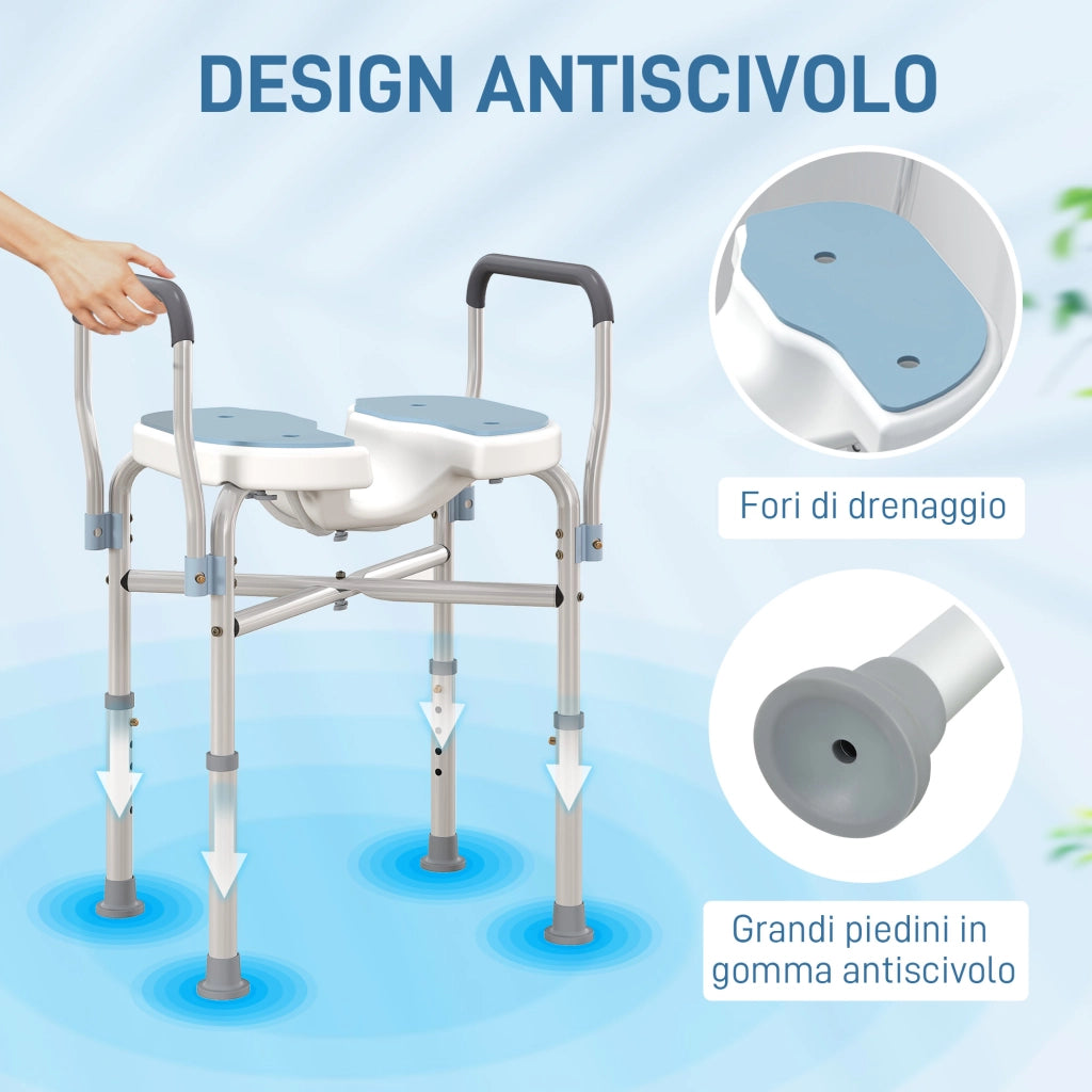 Sgabello da Doccia con Seduta Scanalata e Braccioli ¨C Minimal ¨C Altezza Regolabile, Azzurro