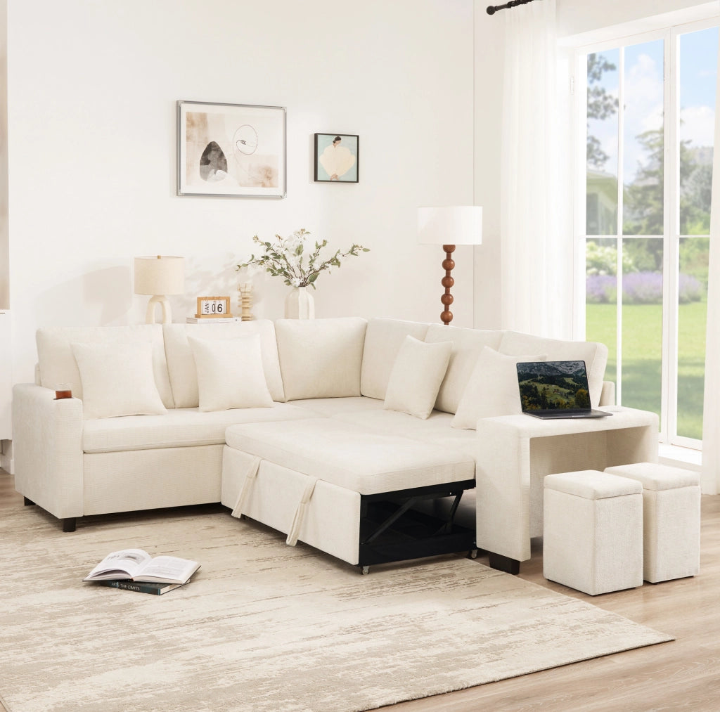 Divano angolare modulare 5 posti con letto e contenitore; in chenille beige; 220x205 cm
