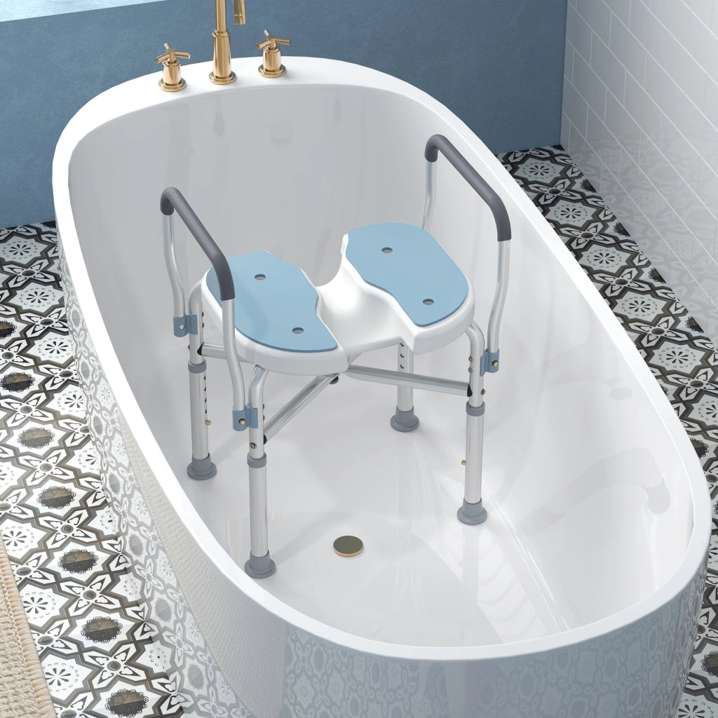 Sgabello da Doccia con Seduta Scanalata e Braccioli ¨C Minimal ¨C Altezza Regolabile, Azzurro
