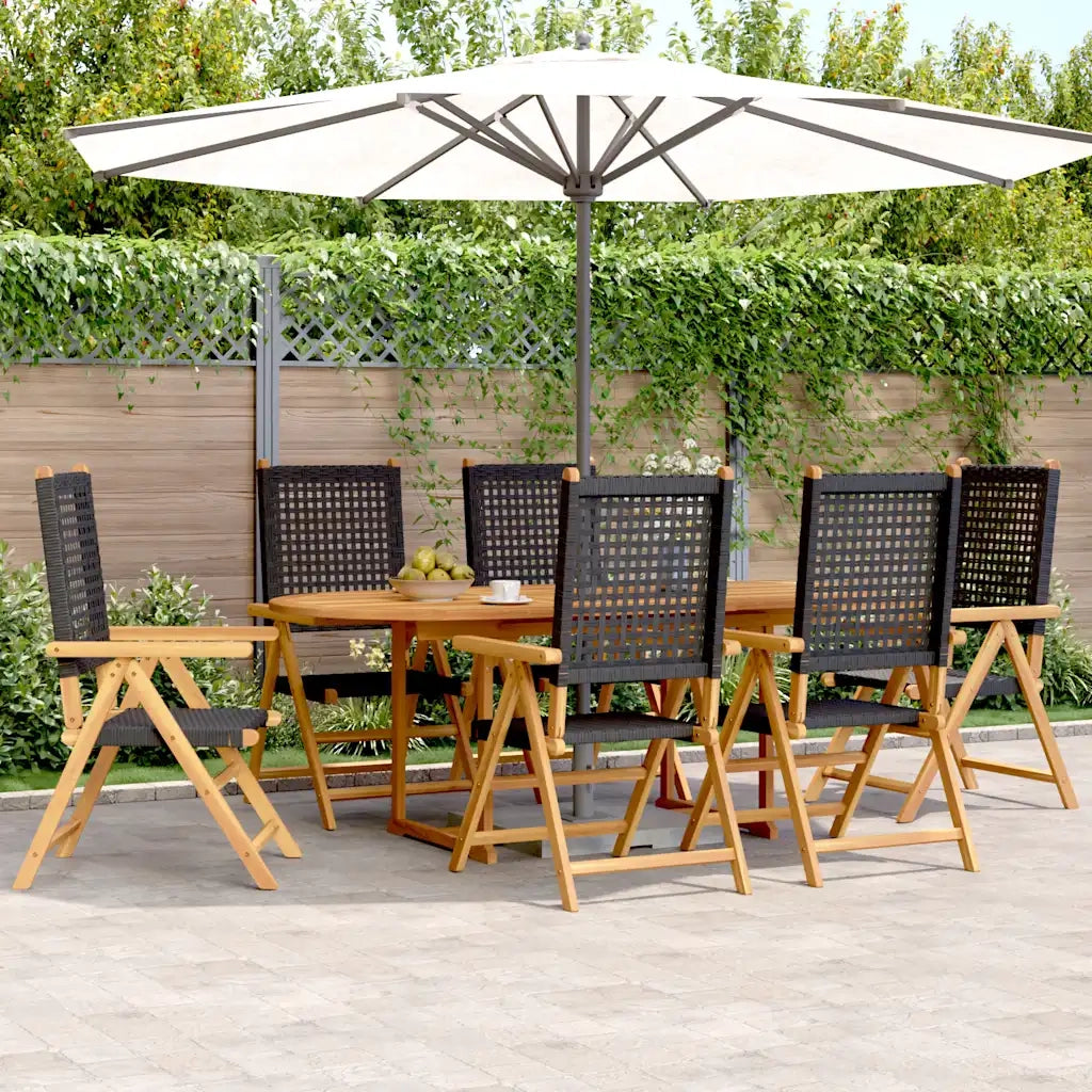Set Pranzo Giardino 7 pz Nero in Polyrattan e Legno Massello