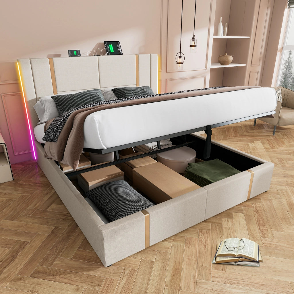 LETTO Matrimoniale 160x200 cm in lino beige con LED, USB e porta Type-C