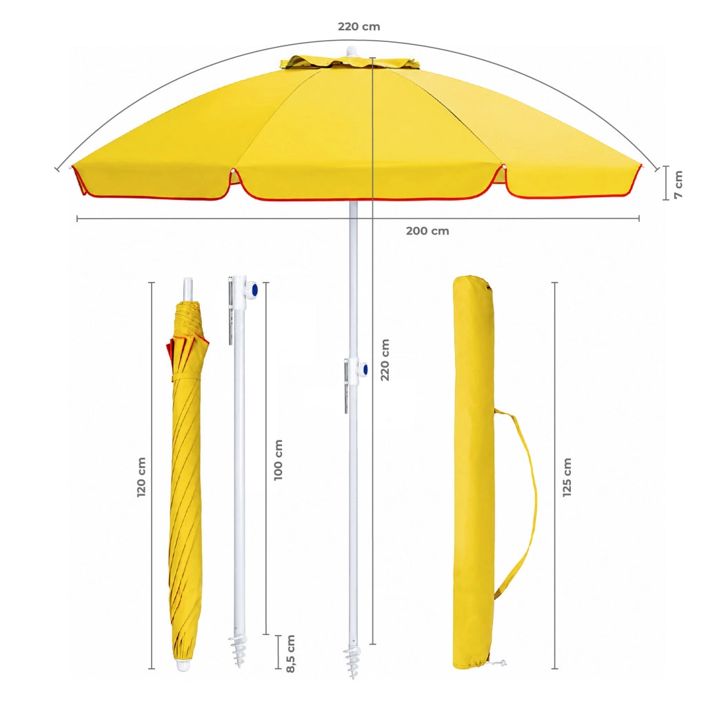 Ombrellone Mare Maxi 220 cm con Protezione UV, Palo a Vite e Inclinazione Regolabile, Parasole da Spiaggia con Presa d'Aria Antivento, Stecche Resistenti e Custodia Trasporto Giallo