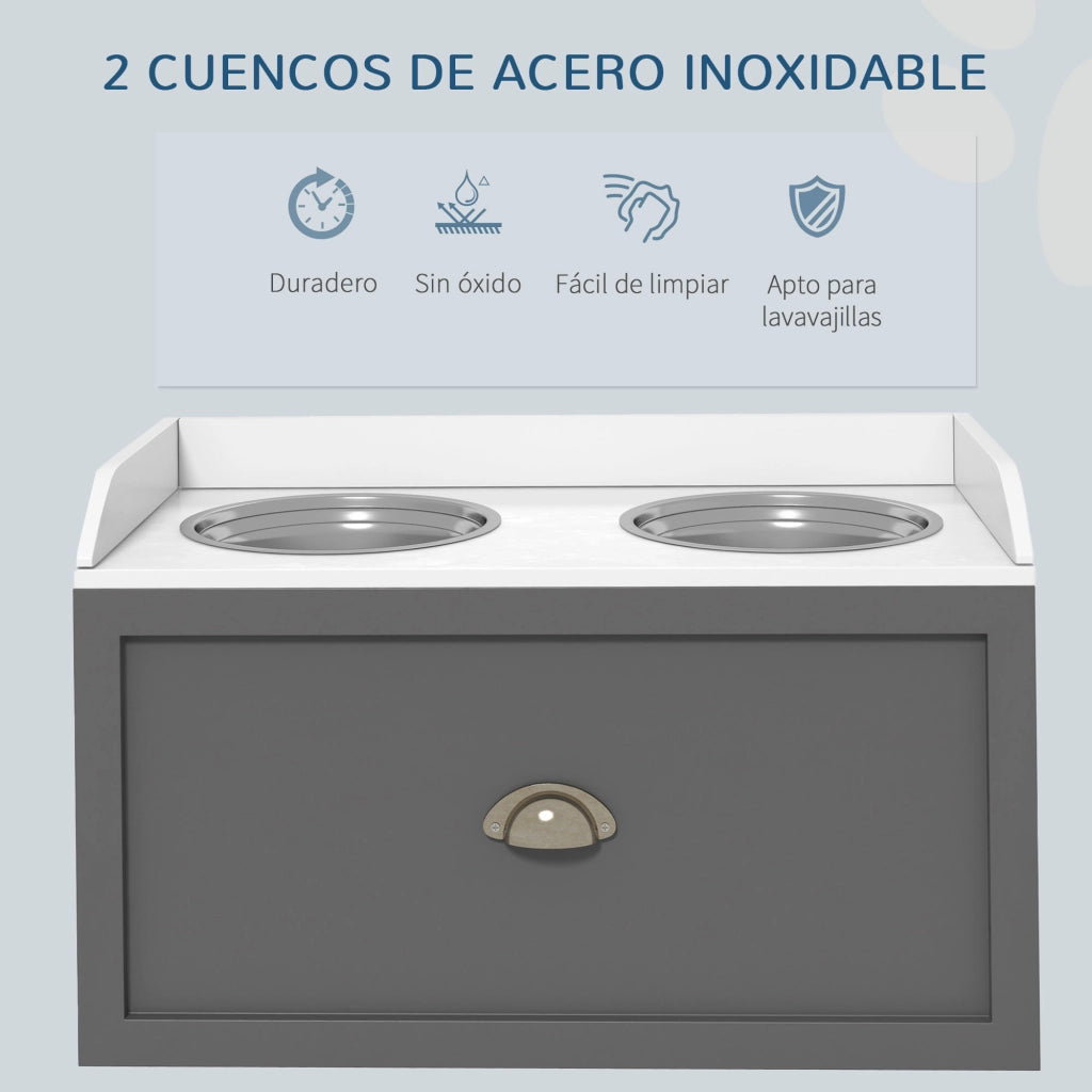 Tavolo per cani con ciotole e cassetto ¨C Minimal ¨C 63x30x36 cm grigio bianco