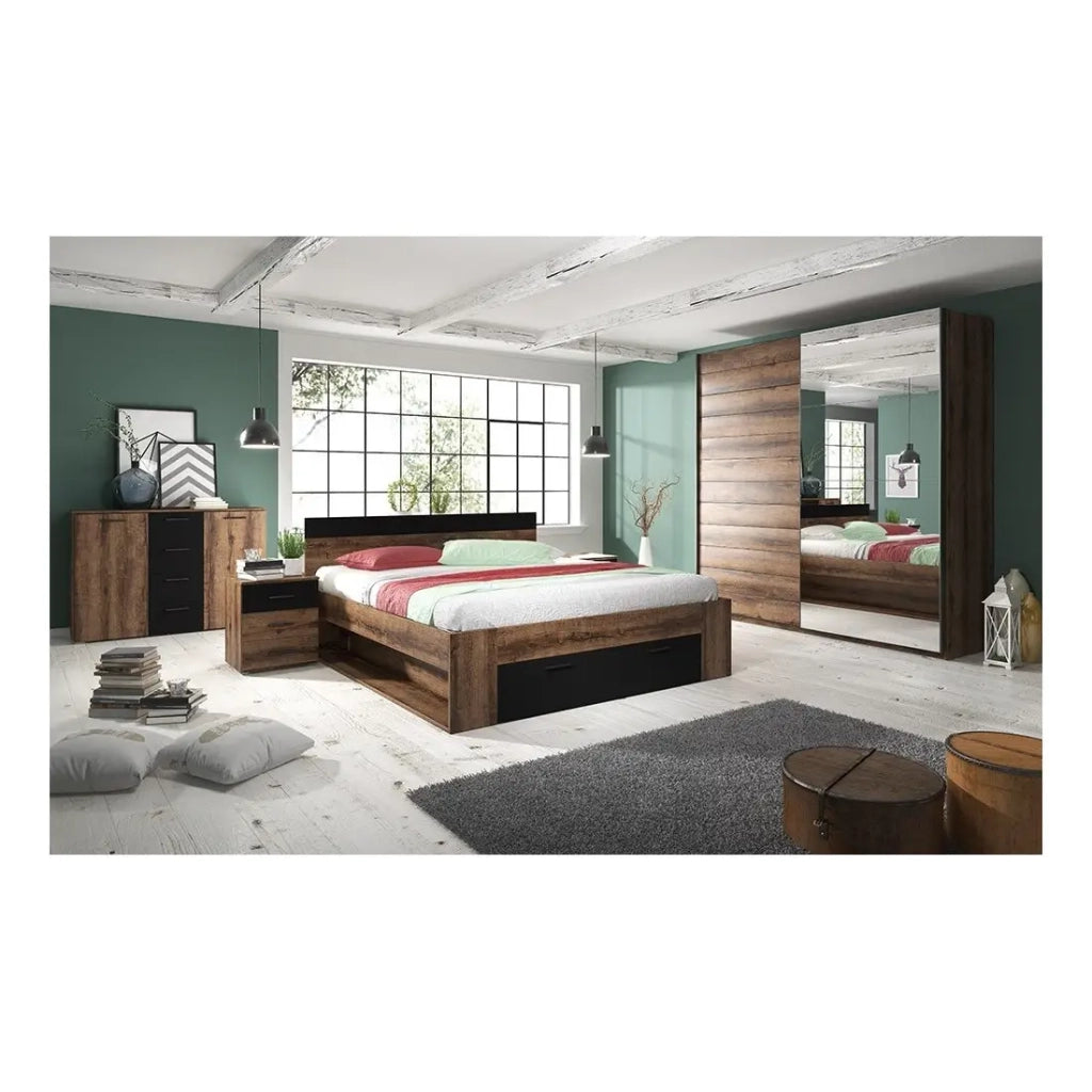 Camera da letto EOS: Armadio, Letto 160x200, cassettiera, comodini. Colore rovere scuro e nero.