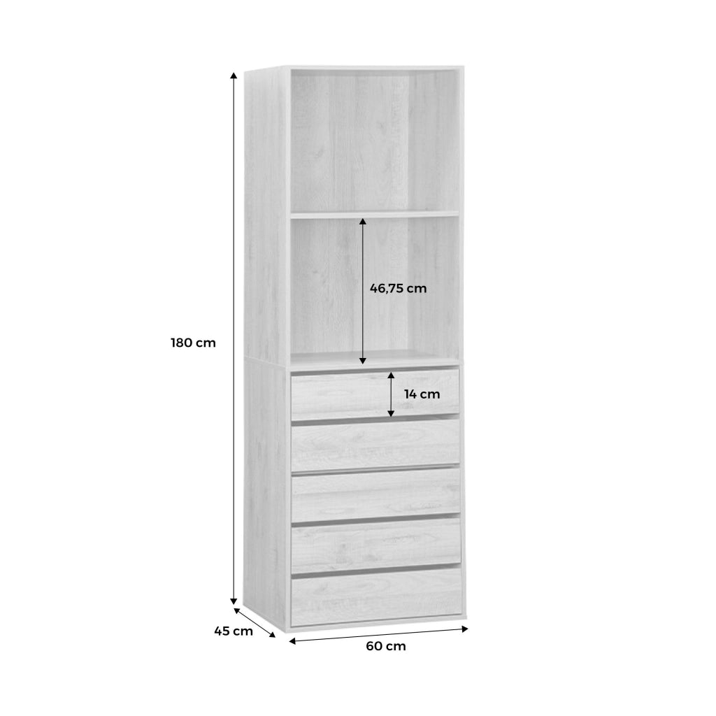Modulo armadio con 5 cassetti e 2 ripiani, bianco
