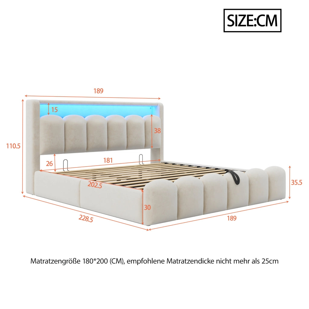 DESMIU Letto Contenitore 180 × 200 cm 2 Posti con LED, USB, Type-C e vani, senza materasso, Beige