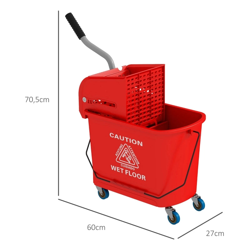 Secchio per mocio da 20 litri con strizzatore e manico, secchio per mocio su ruote, in plastica, rosso