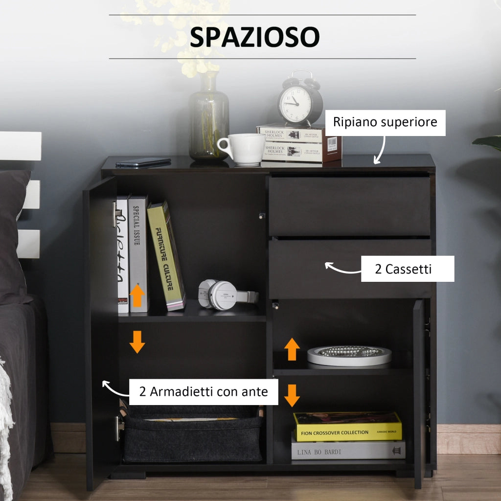 Mobiletto Multiuso per Casa e Ufficio con 2 Cassetti e 2 Armadietti, Apertura a Pressione, 79x36x74cm