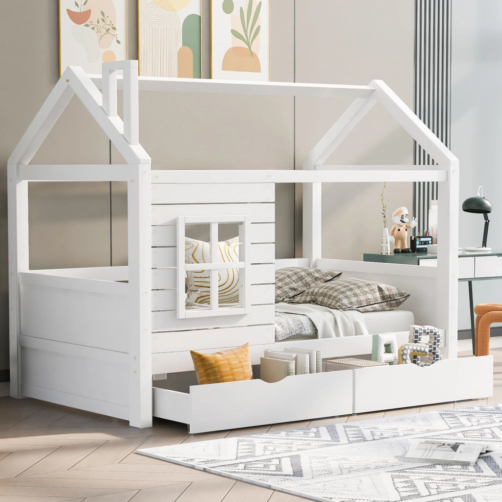 OKWISH Letto a Casetta 90×200 cm, Letto Singolo con Sponda, 2 Cassetti e Finestre, senza Materasso, in Pino Massello, Bianco