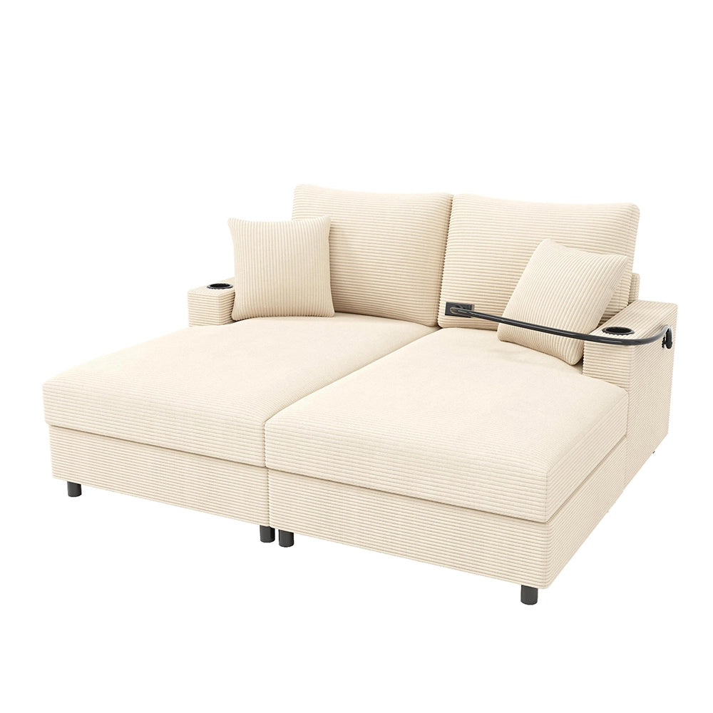 Divano letto XXL - Xylo - Doppio, USB, porta bicchieri, beige, imbottito