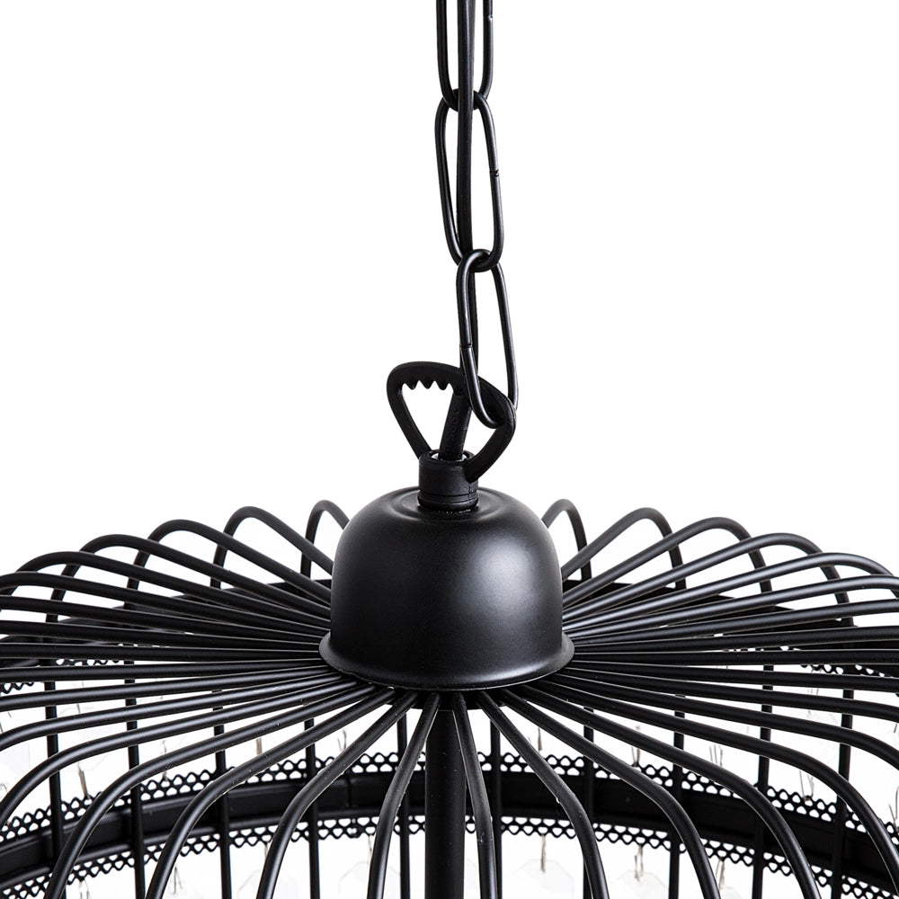 Lampada a Sospensione a Soffitto Gabbia in Metallo Nero Paralume Aperta Finti Cristalli Vintage Glamour
