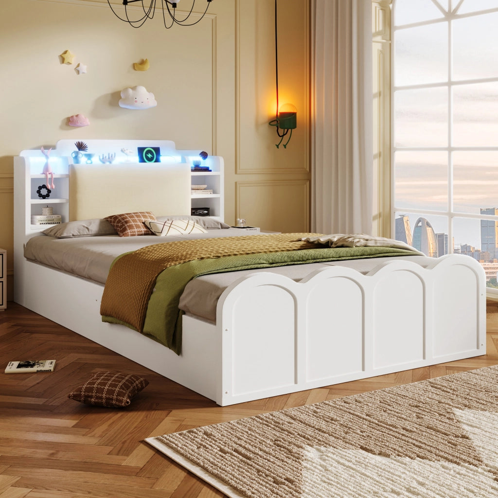 Letto a pannello - Zephmum - 90x200 cm - Bianco - Idraulico, USB-C, LED, comando a pressione/app