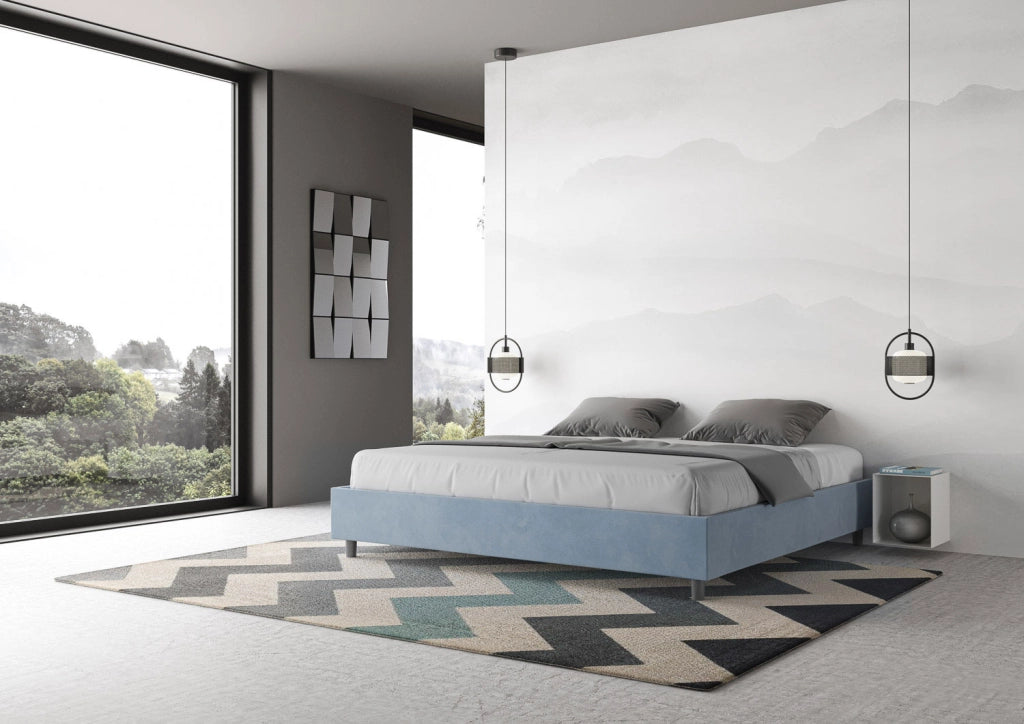 BS COM Letto matrimoniale king size con rete imbottito 190x210 microfibra azzurro