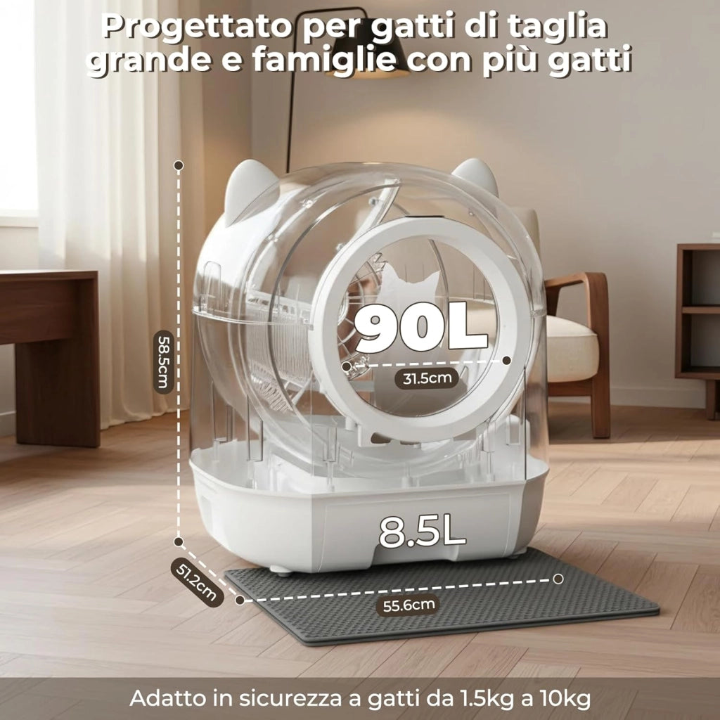 Lettiera Gatto Autopulente, Lettiera Autopulente Per Gatti XXL 90L, Doppio Sistema Anti-Odori E Protezioni Sicurezza Multiple, Controllo A Distanza Via APP, Ideale Per Famiglie Con Più Gatti