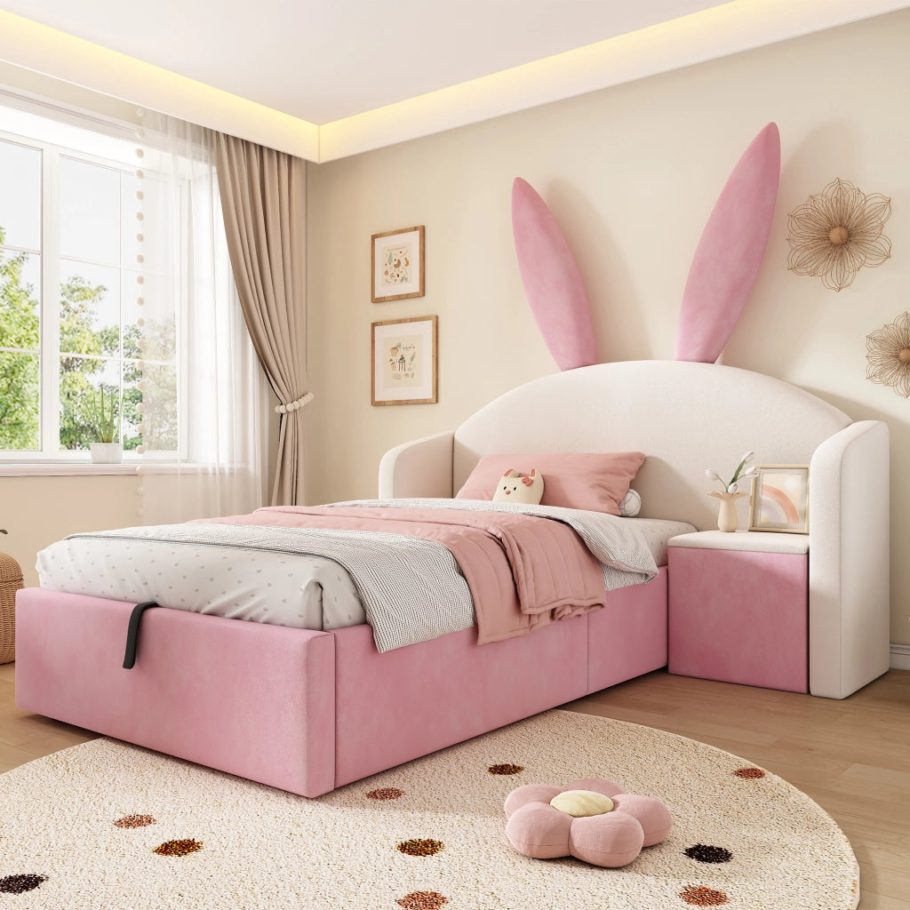 Letto Imbottito Singolo per Bambini con Contenitore e Comodino ¨C MINIMAL ¨C Velluto Beige Rosa 90x190