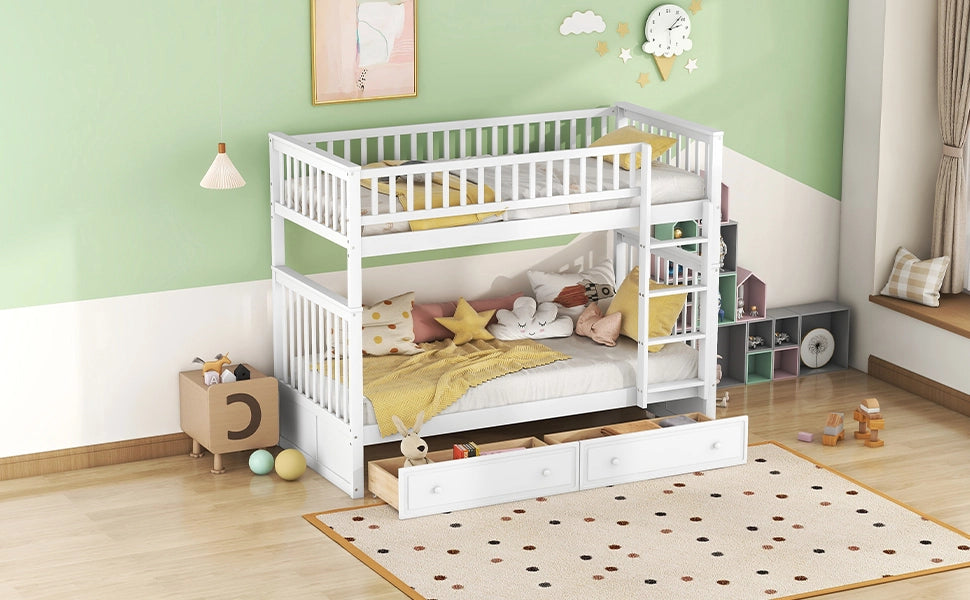 LETTO A CASTELLO 90x200 cm In Legno di Pino Bianco Con 2 Cassetti