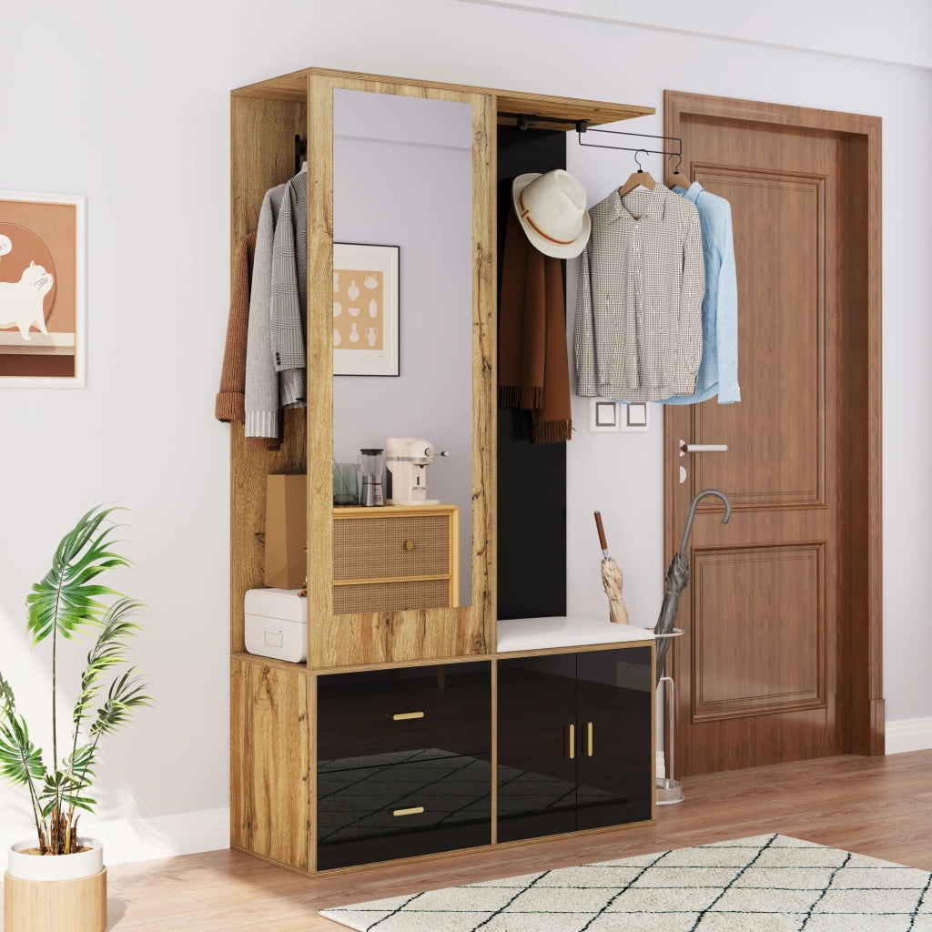 ARMADIO INGRESSO 100x38x180 cm Nero e Effetto Legno con Specchio