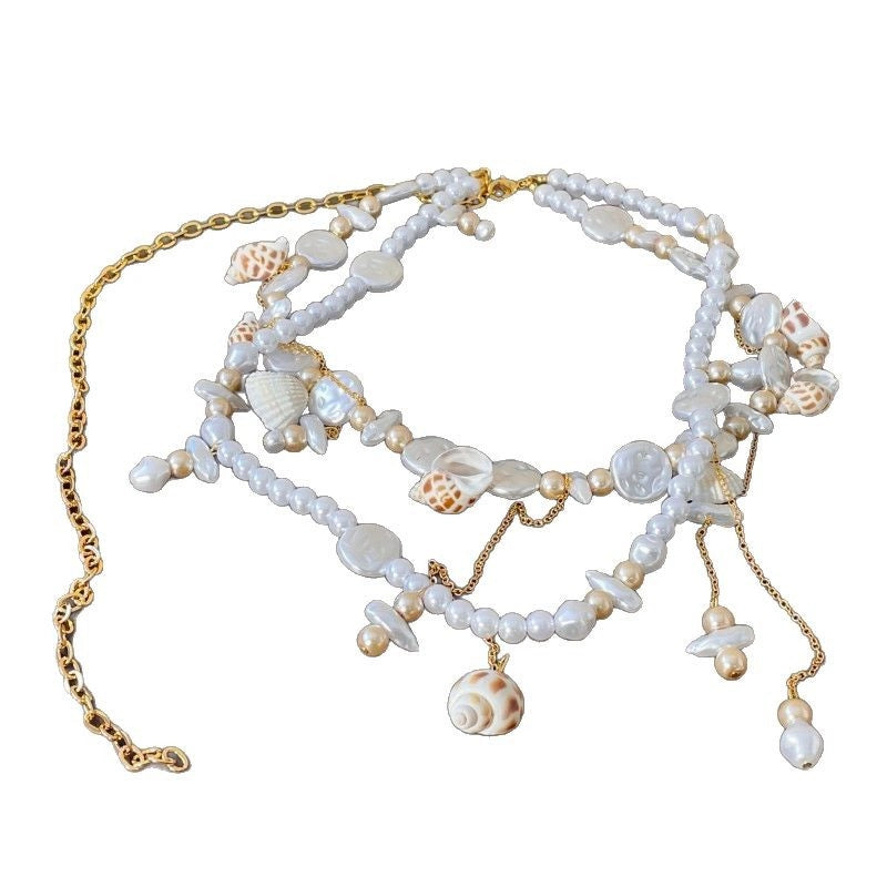 Cintura da donna a doppio strato con nappe di conchiglie e perle, catena per il corpo due in uno, collana stile Chanel