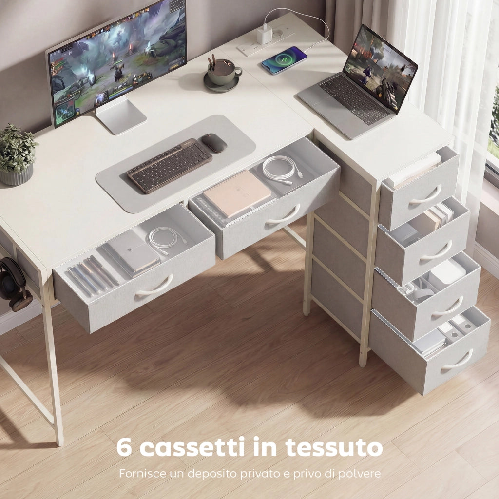 Scrivania Angolare con Cassetti in Legno e Acciaio ¨C Minimal ¨C Bianco 126x48x80