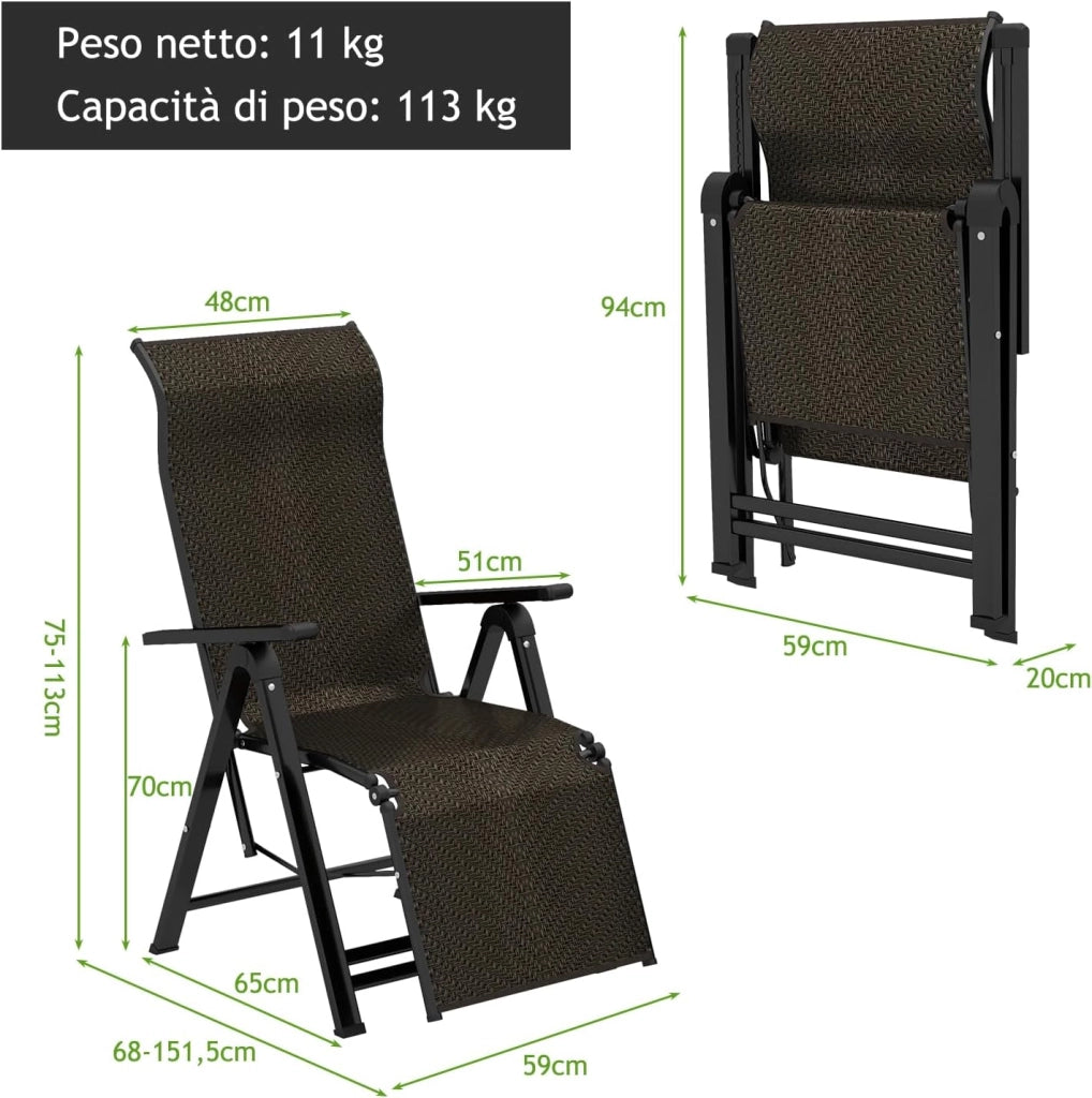 Sedie Pieghevoli e Reclinabili in Rattan, Chaise Longue Portatile con Schienale Regolabile, Sedia a Sdraio da Esterno con Braccioli Ampi, Struttura in Acciaio, per Interno ed Esterno (2)