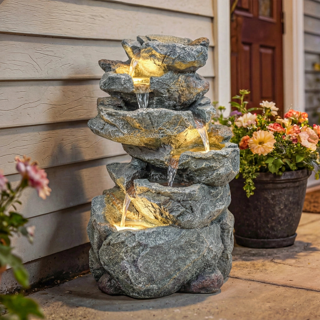 Fontana da giardino a cascata 6 livelli ¨C Minimal ¨C resina effetto pietra grigia 33x27x53 cm