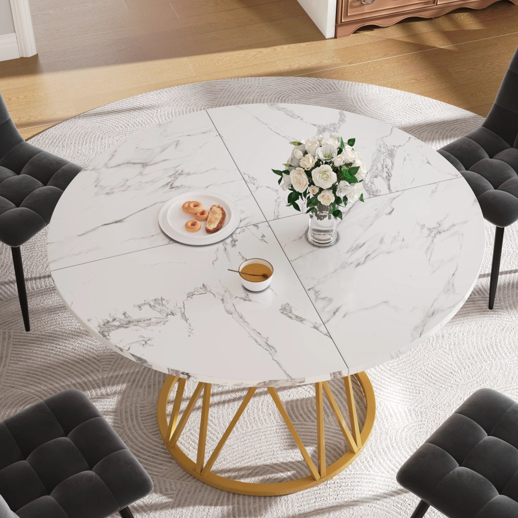 Tavolo da Pranzo Rotondo per 4 Persone ¨C Xylo ¨C Piano MDF Effetto Marmo, Gambe in Metallo Dorato, 100x100x76