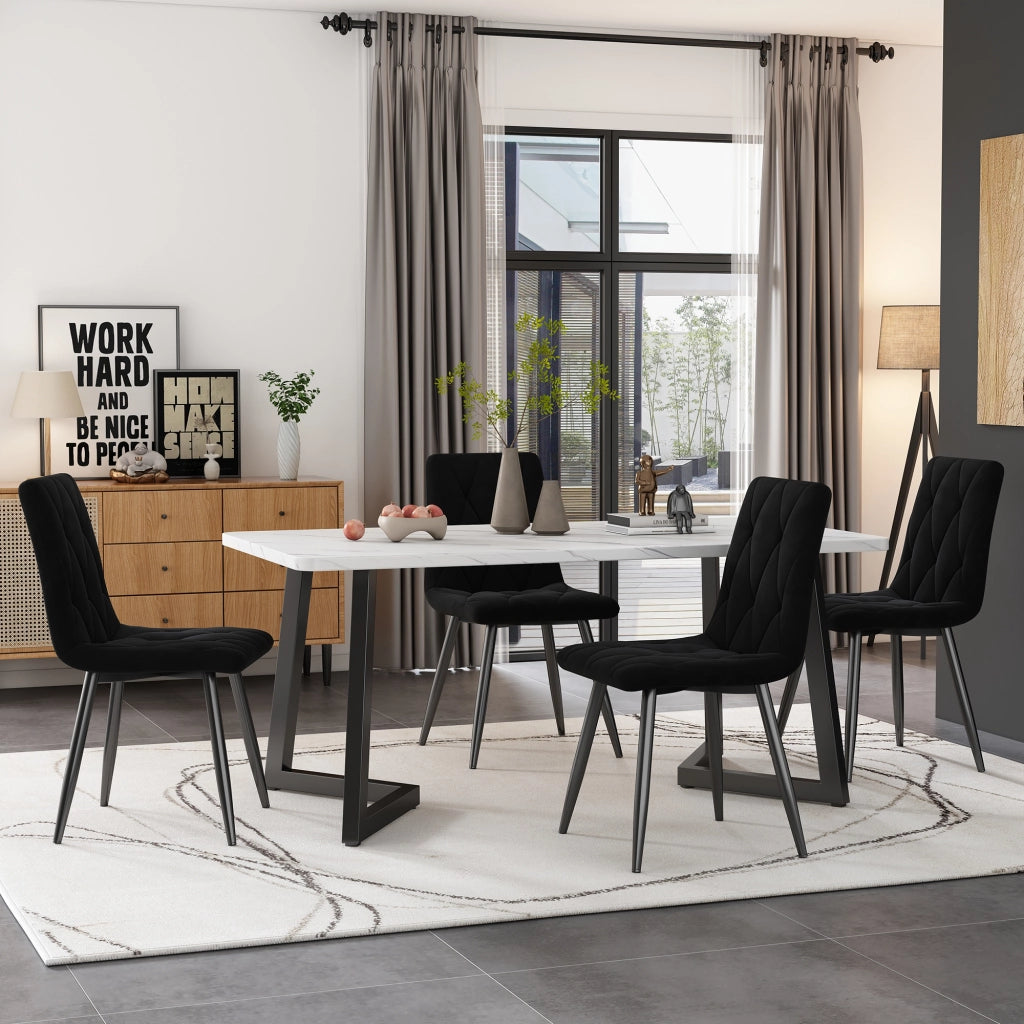Sedie da Pranzo Set 4 Pezzi Imbottite ¨C Xylo ¨C Velluto Nero, Gambe in Metallo, Schienale