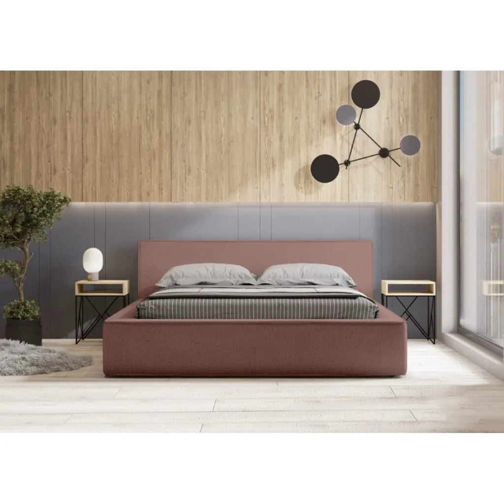 Letto contenitore VELORA – Terracotta bouclé – 160x200 cm – Tessuto velluto morbido – Rete sollevabile – Spazio di immagazzinamento integrato