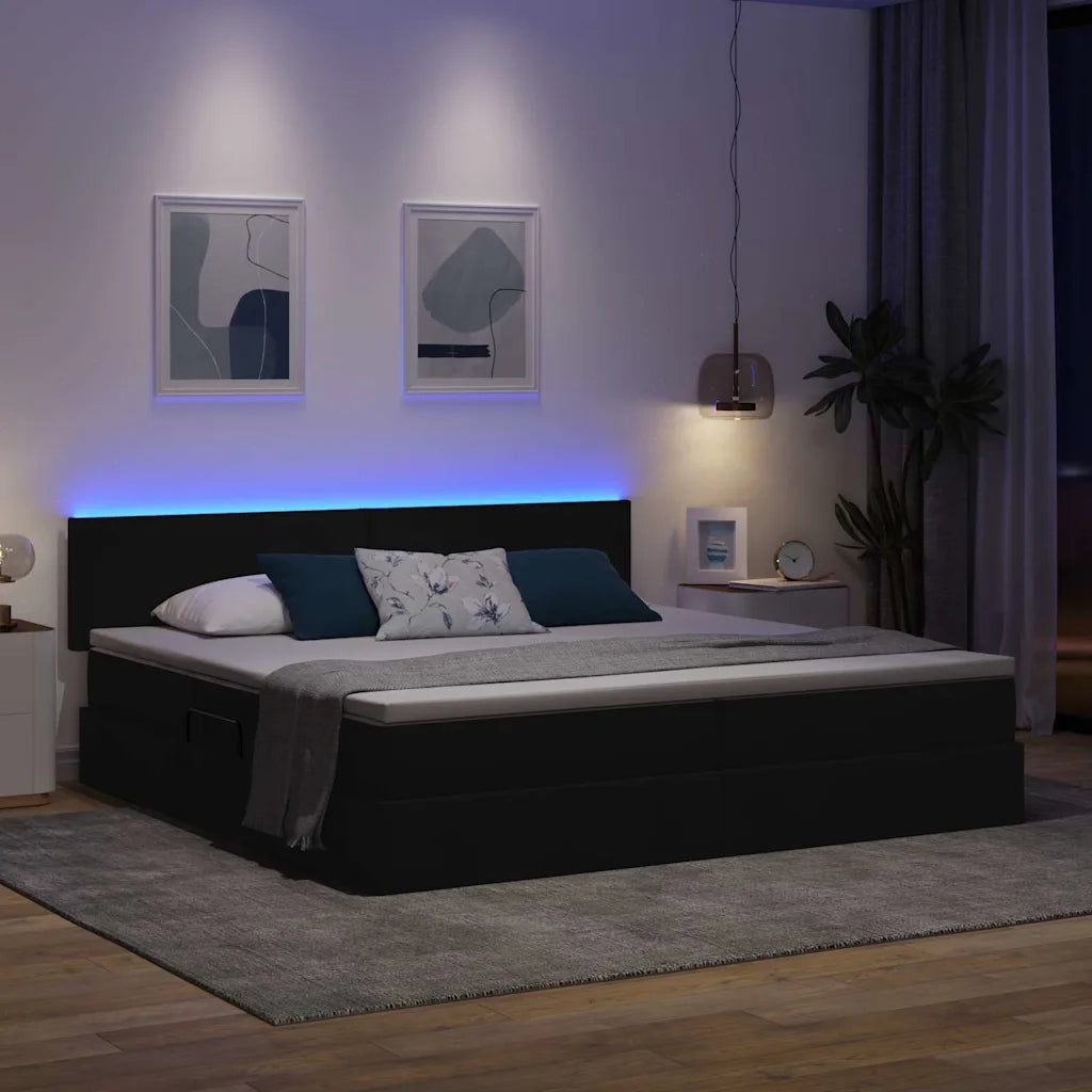 Letto con contenitore e LED con led Nero 200 x 200 cm Tessuto