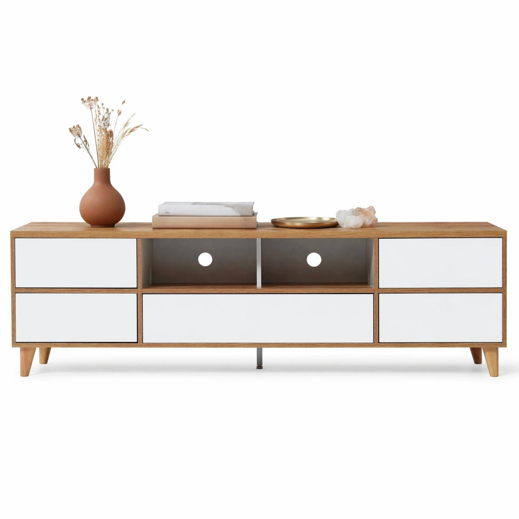 Mobile TV moderno 175x37x51 cm con vani e ante; in MDF; bianco