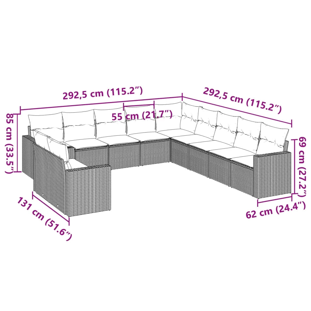Set Divani da Giardino 11 pz con Cuscini Polyrattan Marrone 3219183