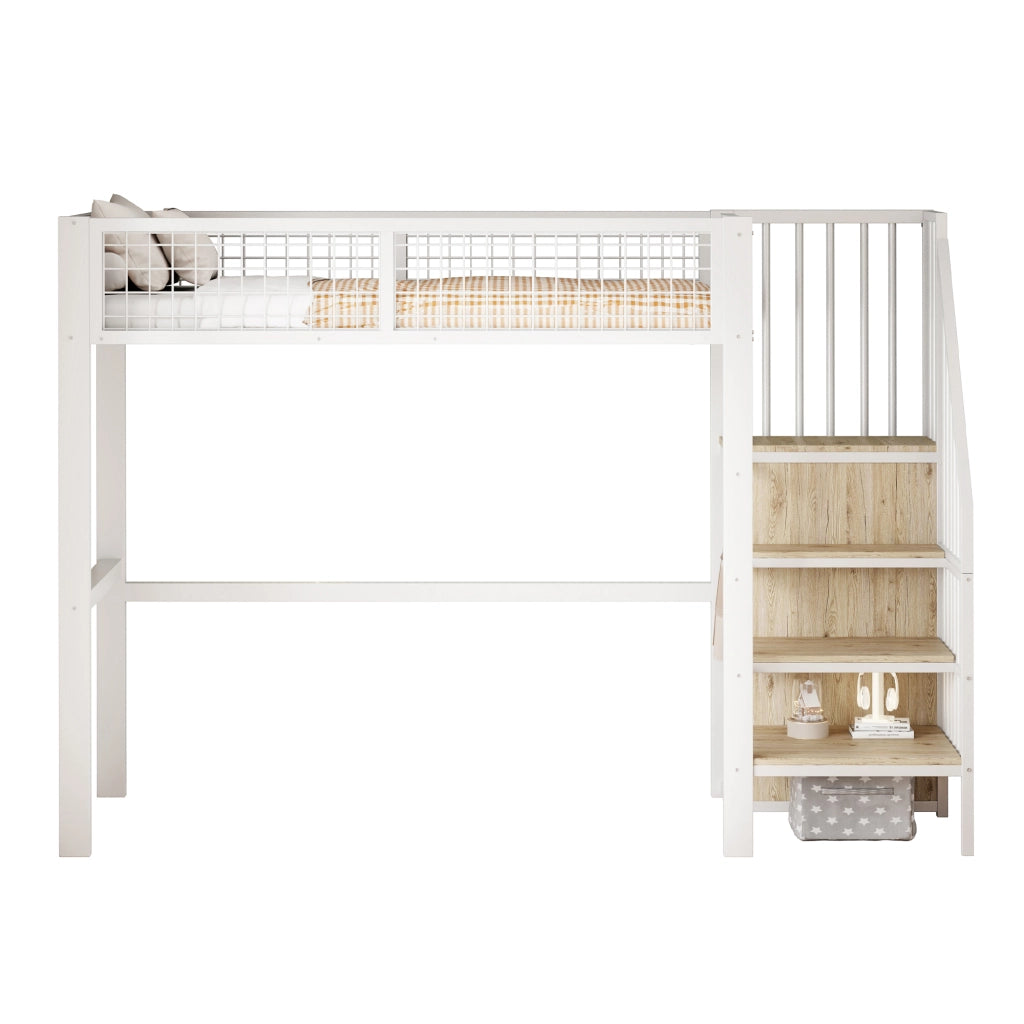 LETTO A CASTELLO 90x200 cm in metallo bianco con scala e armadio