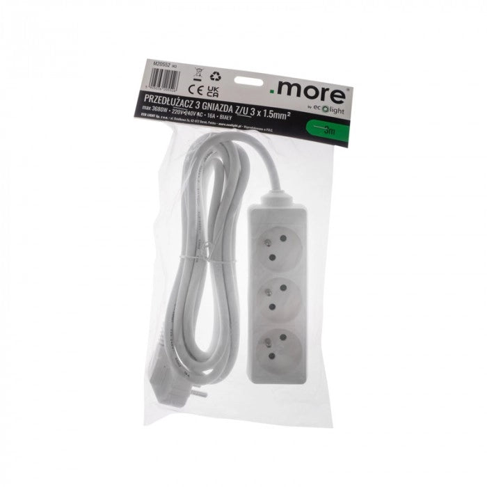 Prolunga elettrica 3 prese 3m con terra bianca Ecolight