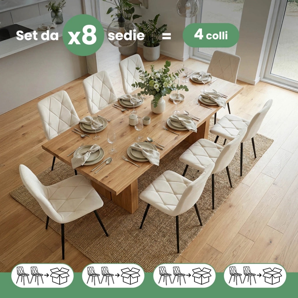 Set di 8 Sedie in velluto trapuntate MILO Beige gambe nere