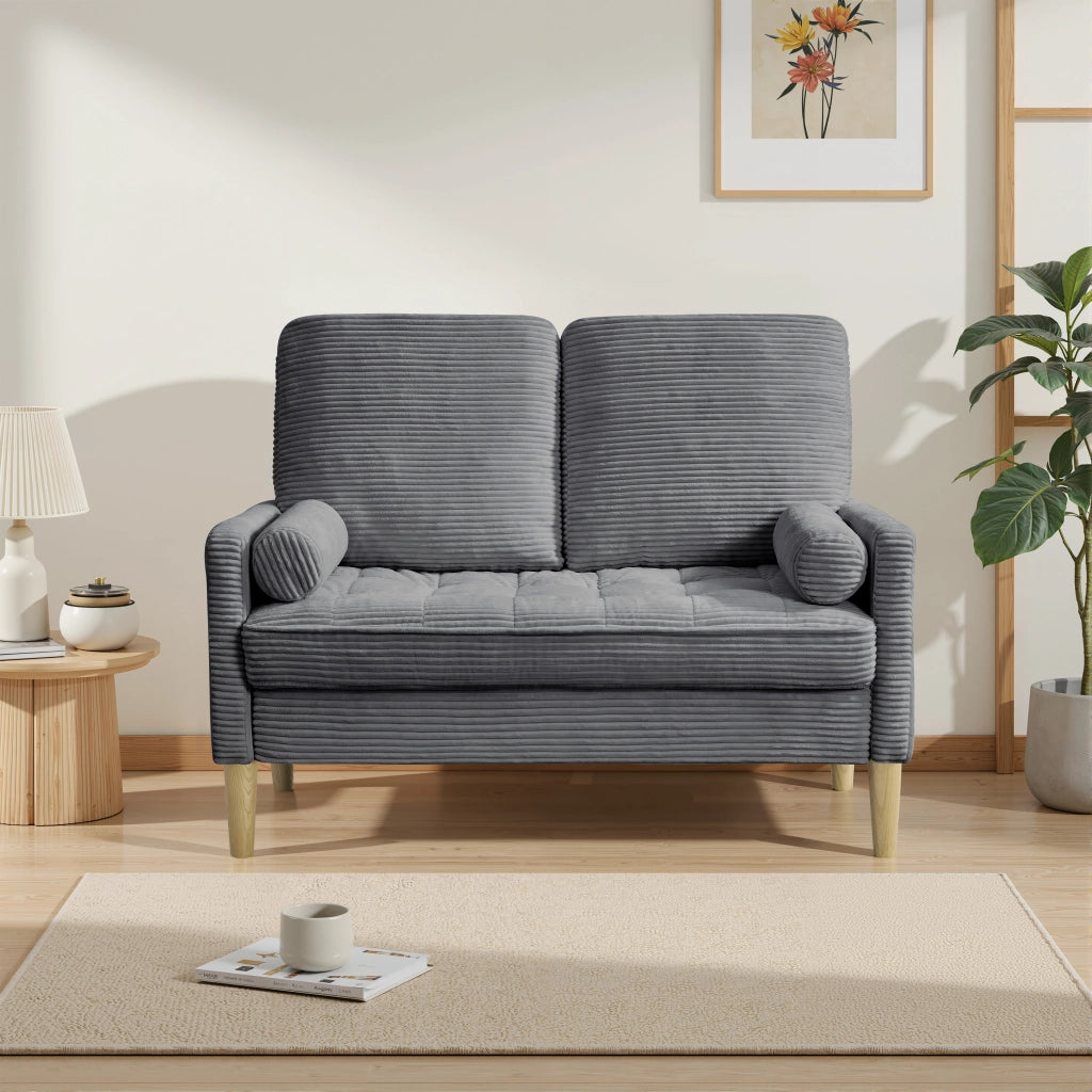 DIVANO 2 posti in tessuto grigio con gambe in legno, 107 cm