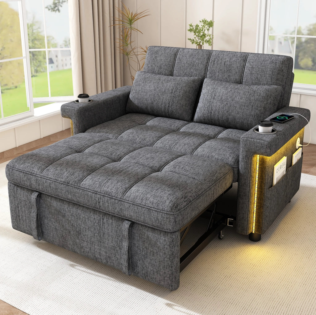 Divano letto 2 posti convertibile 145 x 141;5 x 90 cm in chenille grigio con LED e USB