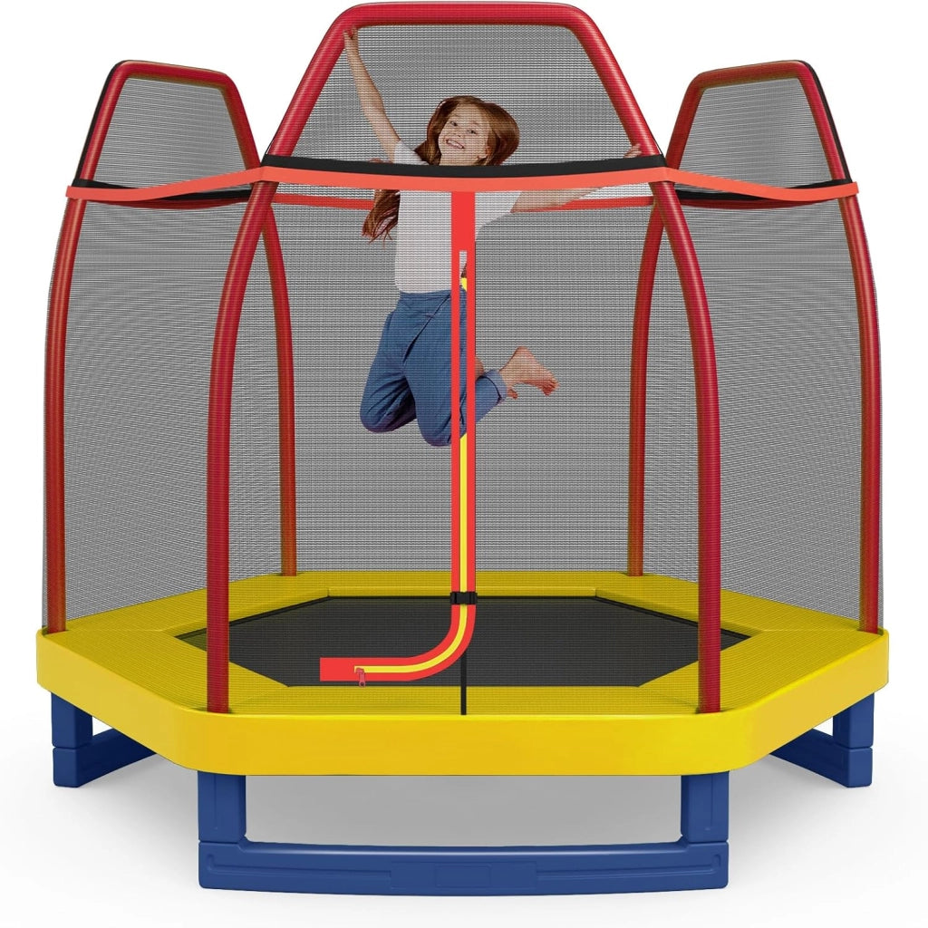 Trampolino Elastico per Bambini 223 cm, Tappeto Elastico per Bambini da Esterno ed Interno con Rete e Cuscinetto a Molle, Portata150 kg, Adatto ai Bambini 3+ Anni
